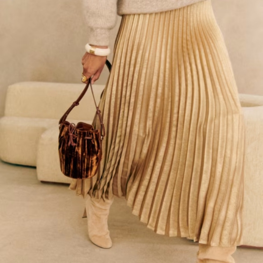 Sezane Dune Pleated Skirt in Gold